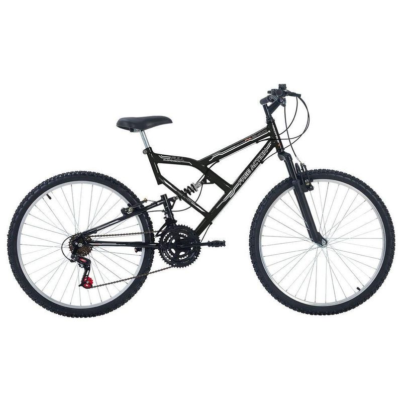 Bicicleta Full FA 240 Mountain Bike Aro 26 Quadro Aço 18 Marchas Preto Free Action