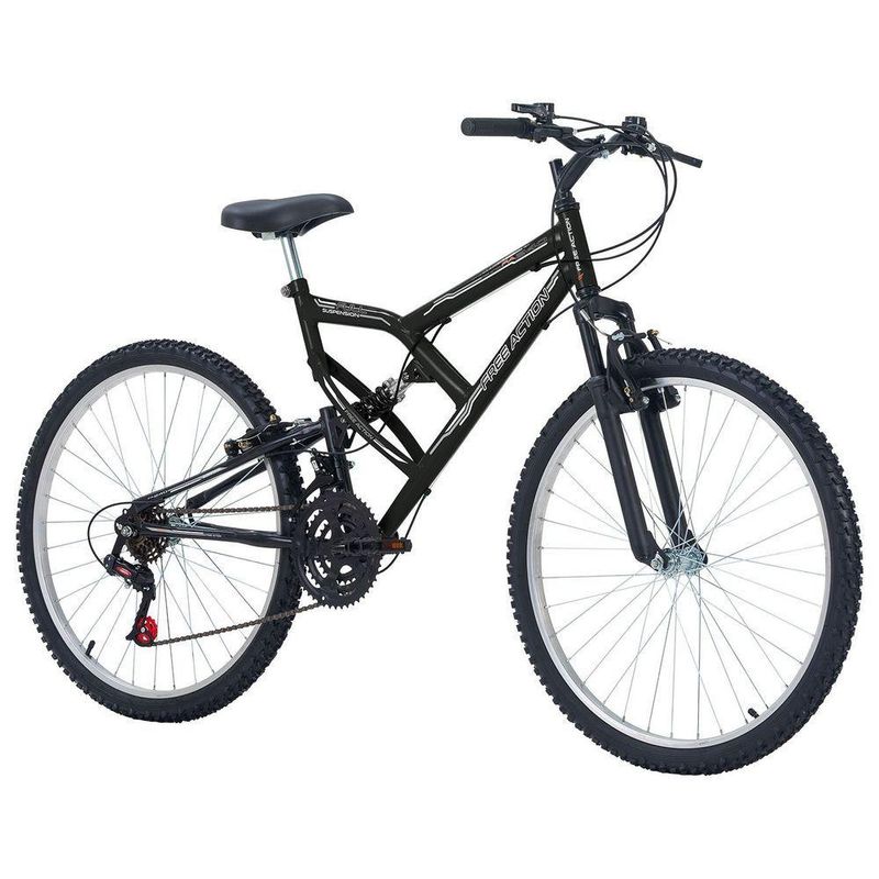 Bicicleta Full FA 240 Mountain Bike Aro 26 Quadro Aço 18 Marchas Preto Free Action
