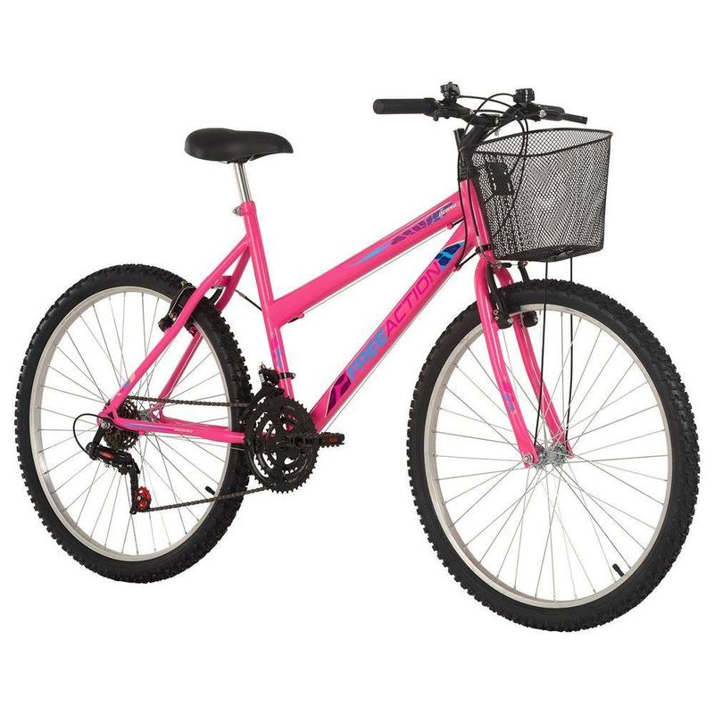 Bicicleta Donna Mountain Bike Aro 26 Quadro Aço 18 Marchas V-Brake Rosa Chicle Free Action