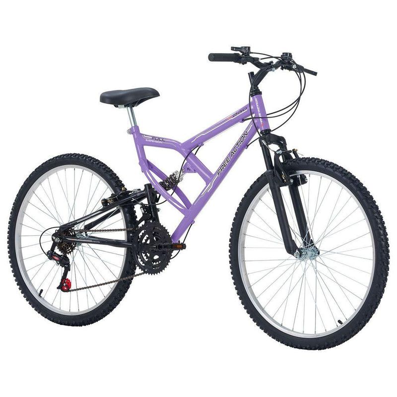 Bicicleta Full FA 240 Mountain Bike Aro 26 Quadro Aço 18 Marchas Lilás Free Action