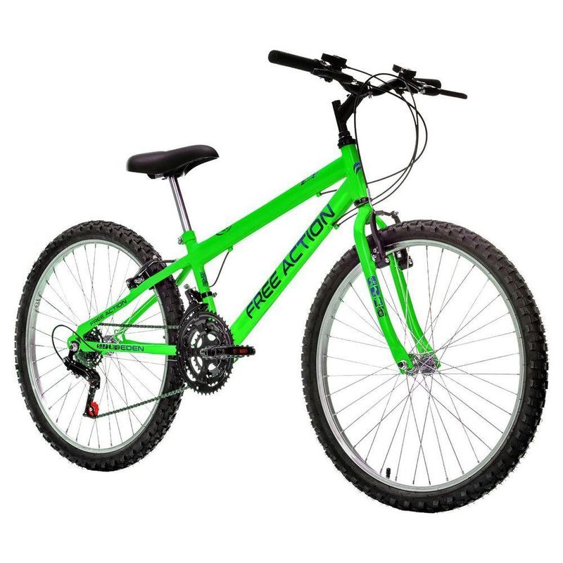 Bicicleta Eden Mountain Bike Aro 24 Quadro Aço 18 Marchas V-Brake Verde Kawasaki Free Action