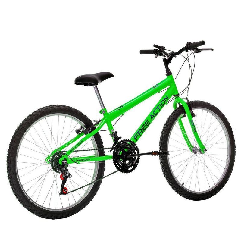 Bicicleta Eden Mountain Bike Aro 24 Quadro Aço 18 Marchas V-Brake Verde Kawasaki Free Action