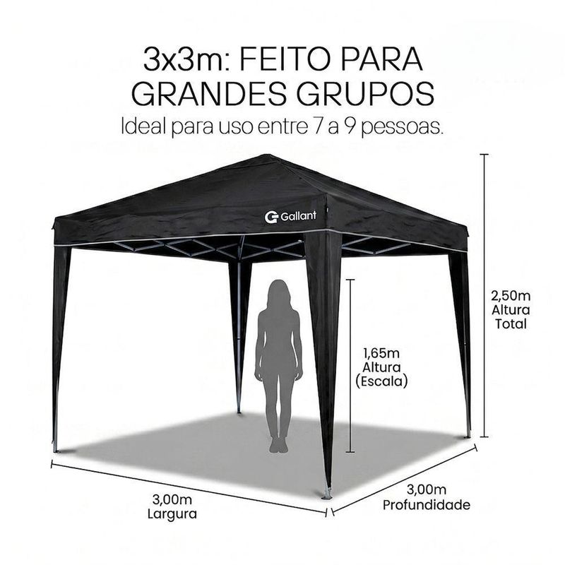 Tenda Gazebo Sanfonado Dobrável 3x3m com Mala de Transporte Gallant Preto (GTG03SF01AR-PT)