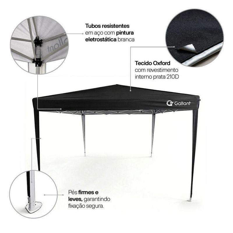 Tenda Gazebo Sanfonado Dobrável 3x3m com Mala de Transporte Gallant Preto (GTG03SF01AR-PT)
