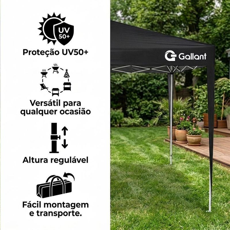 Tenda Gazebo Sanfonado Dobrável 3x3m com Mala de Transporte Gallant Preto (GTG03SF01AR-PT)