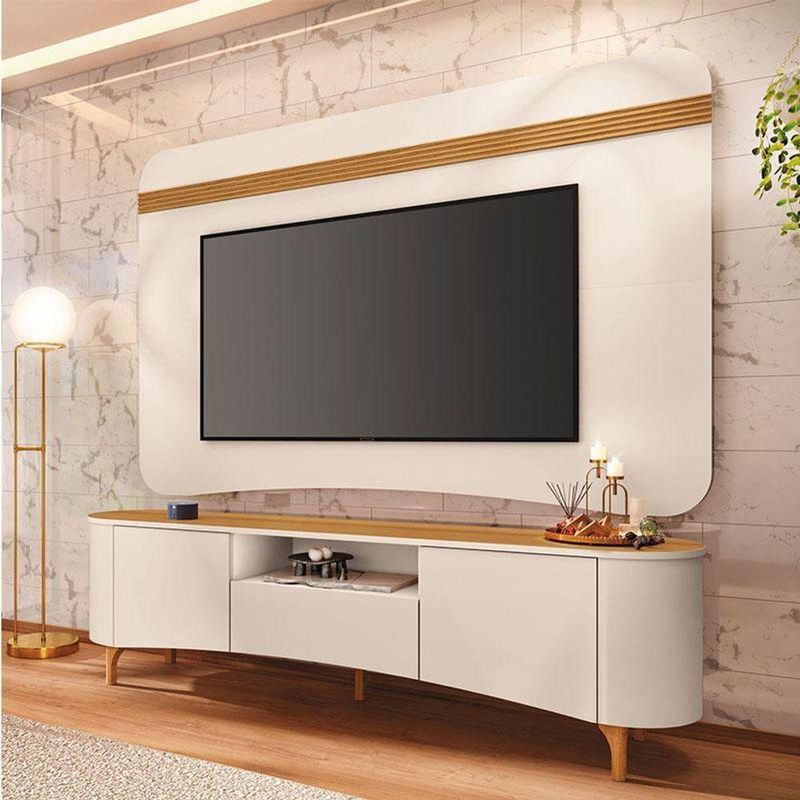Rack Bancada Elara E Painel Armony Off White Cinamomo Com Mesa De Centro Sky Off White - Hb Móveis