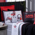 Kit Cobre Leito Colcha Solteiro Game Streamer Vermelho Dupla Face Com Almofadas Estampadas 05 Peças