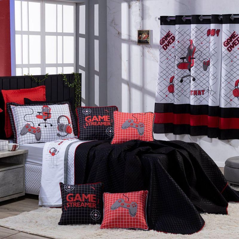 Kit Cobre Leito Colcha Solteiro Game Streamer Vermelho Dupla Face Com Almofadas Estampadas 05 Peças