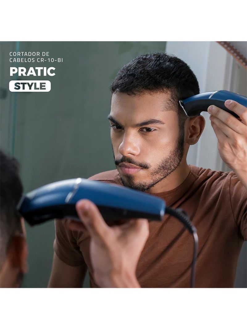Máquina de cortar cabelo mondial pratic style cr-10 com 8 acessórios, lâminas em aço inox, bivolt - azul