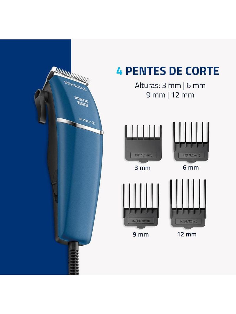 Máquina de cortar cabelo mondial pratic style cr-10 com 8 acessórios, lâminas em aço inox, bivolt - azul