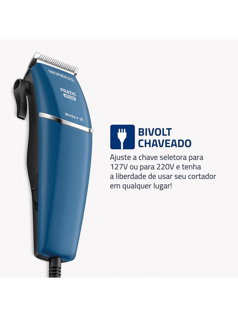 Máquina de cortar cabelo mondial pratic style cr-10 com 8 acessórios, lâminas em aço inox, bivolt - azul