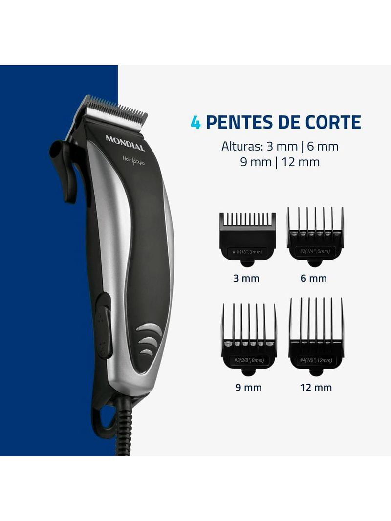 Máquina de cortar cabelo mondial hair stylo cr-02 4 com pentes prata/preta