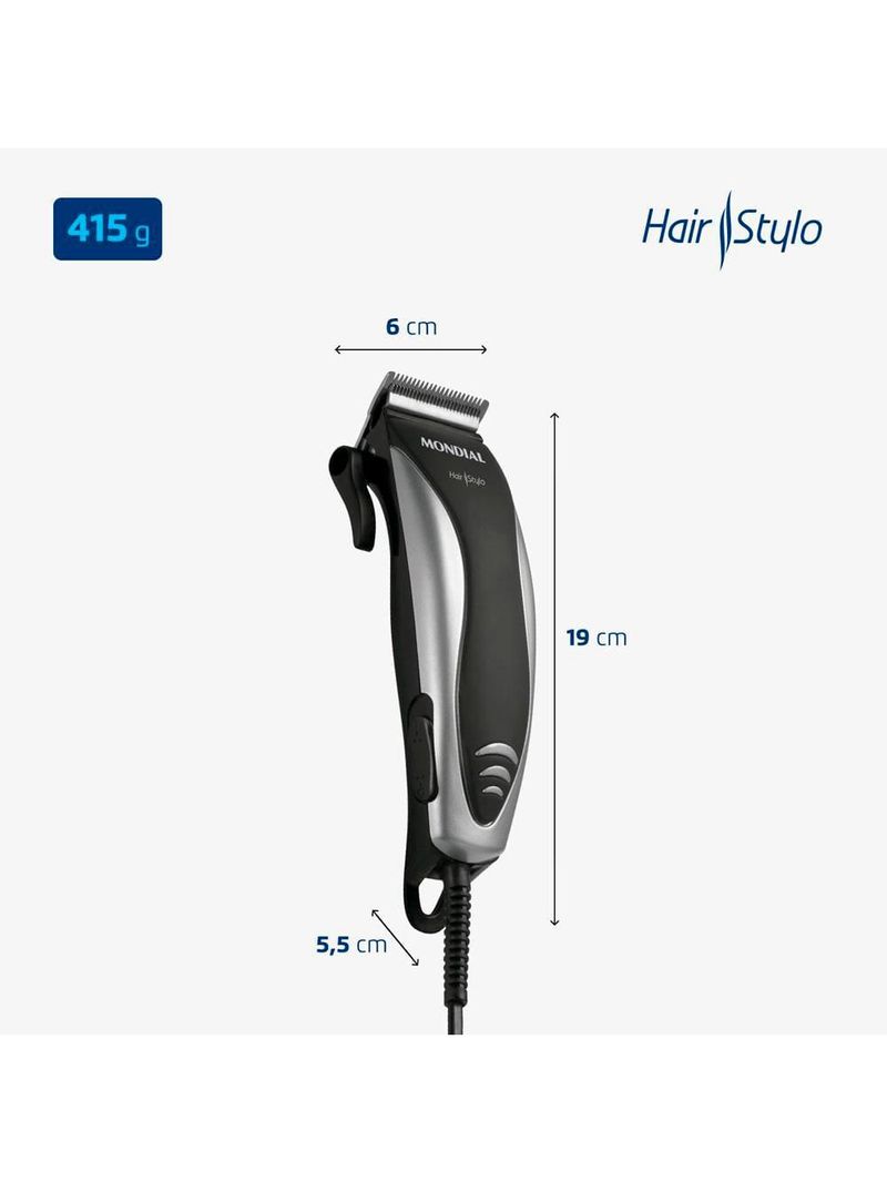 Máquina de cortar cabelo mondial hair stylo cr-02 4 com pentes prata/preta