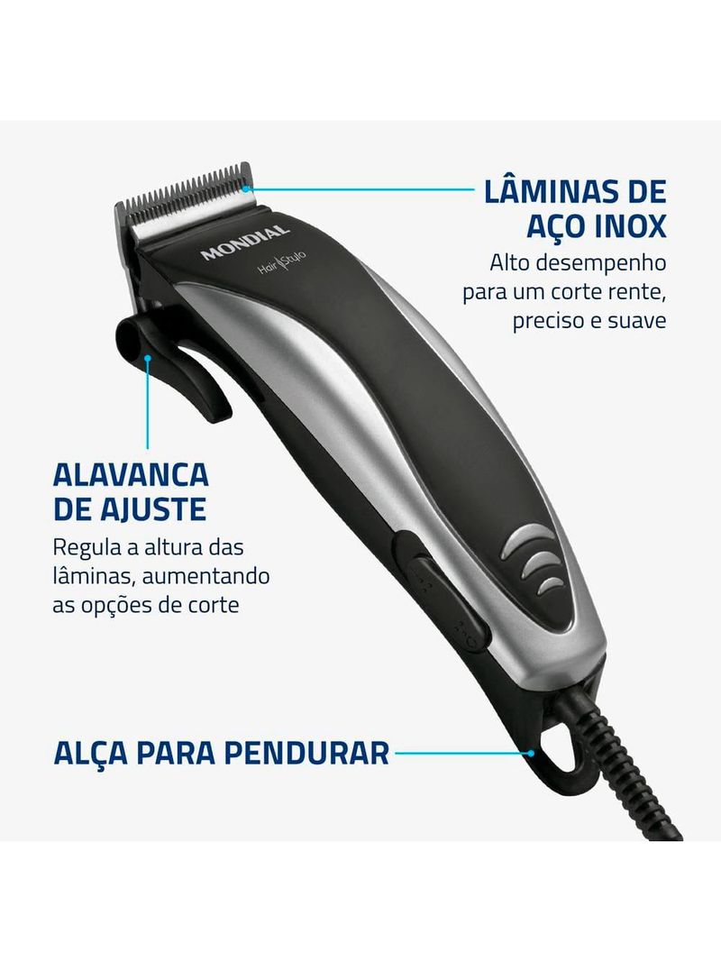 Máquina de cortar cabelo mondial hair stylo cr-02 4 com pentes prata/preta