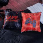 Kit Coberdrom Game Streamer Preto/vermelho Com Almofadas Estampadas Solteiro 04 Peças - Dupla Face Sherpa E Mantinha