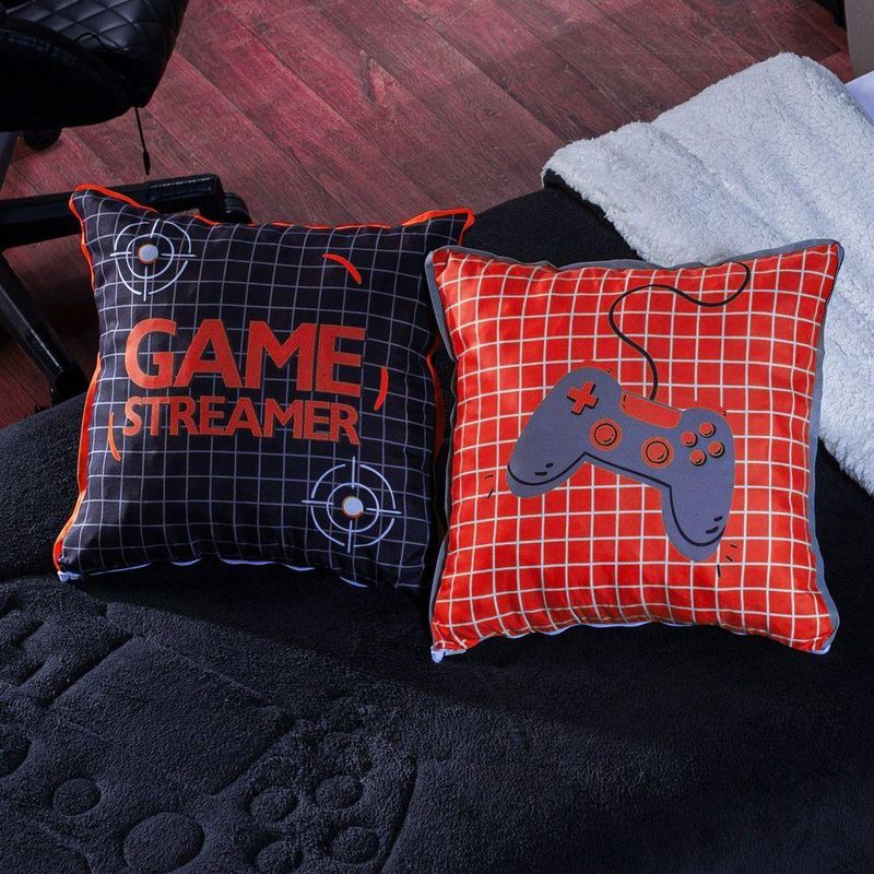 Kit Coberdrom Game Streamer Preto/vermelho Com Almofadas Estampadas Solteiro 04 Peças - Dupla Face Sherpa E Mantinha