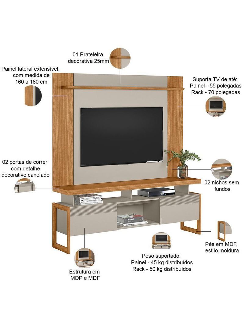 Rack Para Sala Com Painel Para Tv 55 Pol Esmirna L05 Nature Off White - Lyam Decor