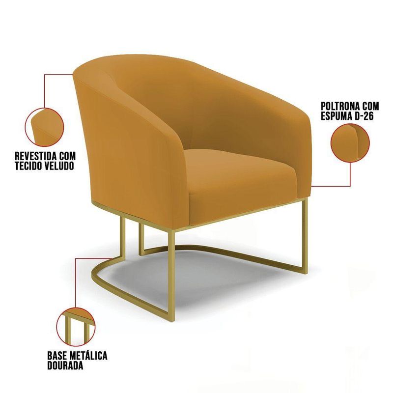 Kit 2 Poltronas Sala Decorativa Stella Veludo Mostarda Base Industrial Dourada D Rossi