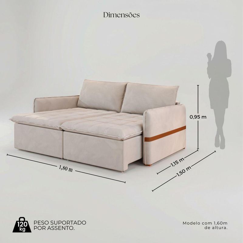 Sofá Cama Retrátil 3 Lugares Bárbara 1,80m Veludo Creme