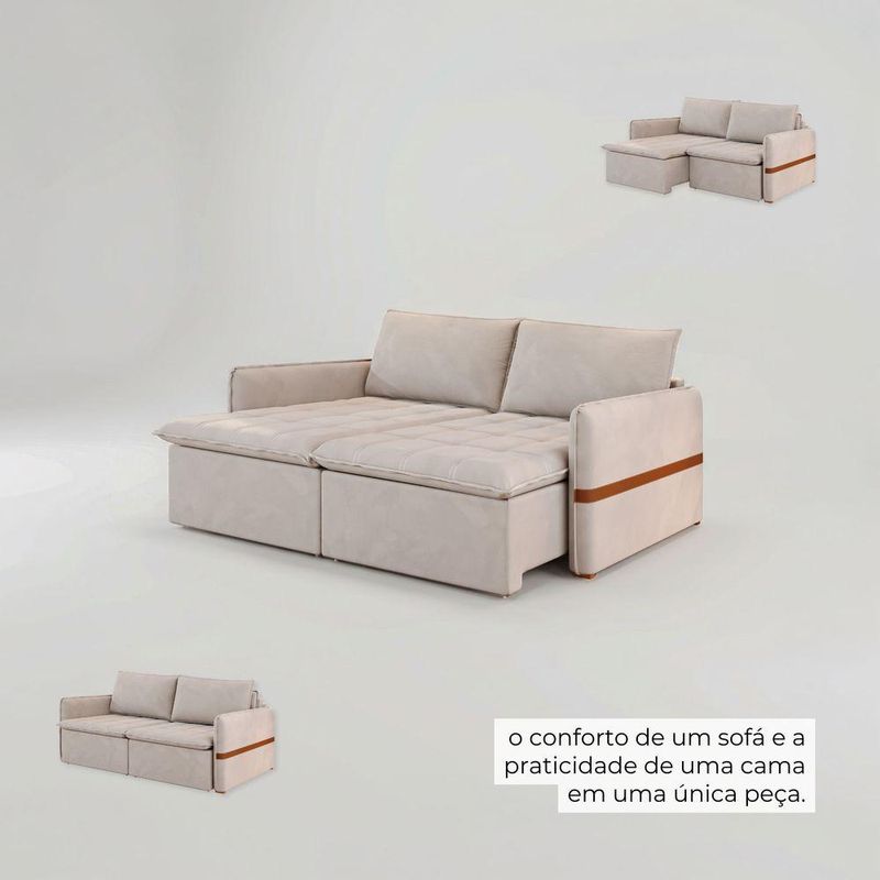 Sofá Cama Retrátil 3 Lugares Bárbara 1,80m Veludo Creme