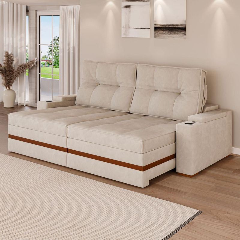 Sofá Retrátil Reclinável 4 Lugares Mônaco 2,36m Veludo Creme