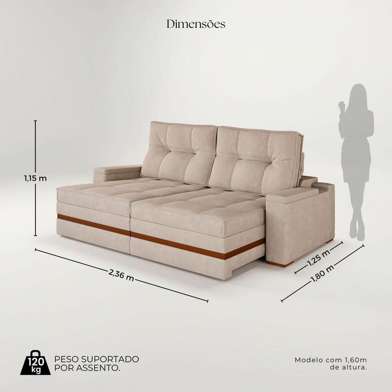 Sofá Retrátil Reclinável 4 Lugares Mônaco 2,36m Veludo Creme