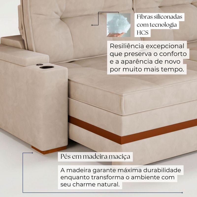 Sofá Retrátil Reclinável 4 Lugares Mônaco 2,36m Veludo Creme