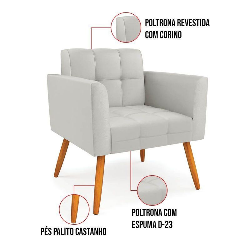 Kit 2 Poltronas Sala Decorativa Elisa Pés Palito Sintético Cinza D'Rossi