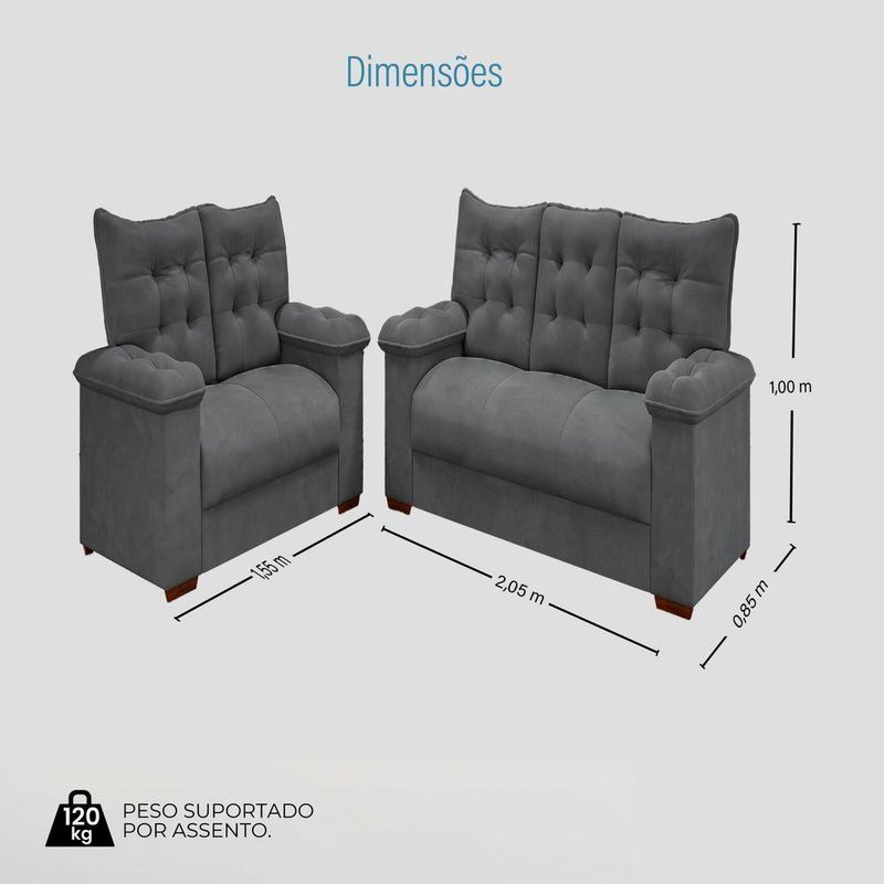 Conjunto Sofá 3 E 2 Lugares Irlanda Veludo Cinza
