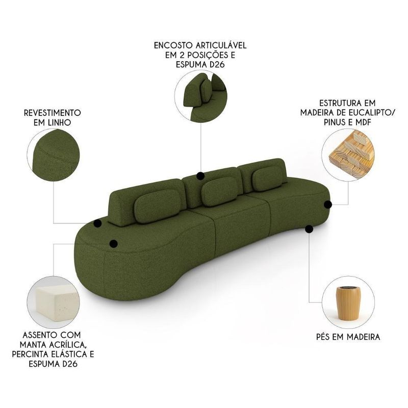Sofá 4 Lugares 366cm Orgânico Mellanie Linho Verde Z32 - Mpozenato