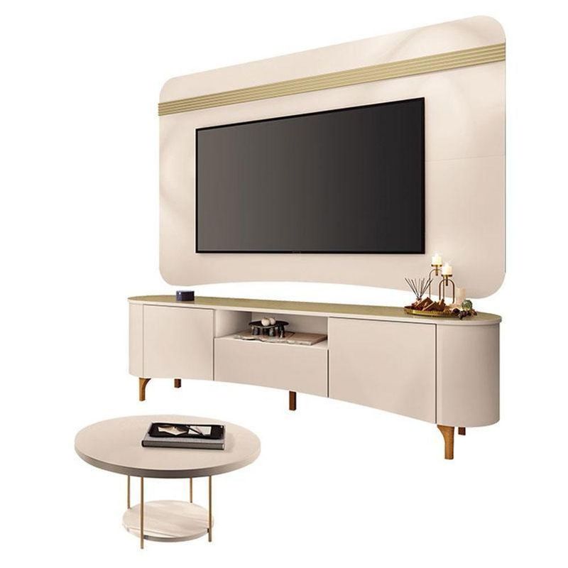 Rack Bancada Elara E Painel Armony Off White Champanhe Com Mesa De Centro Sky Off White - Hb Móveis