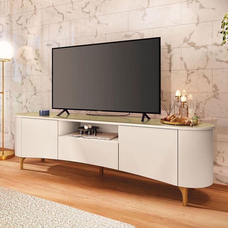 Rack Bancada Elara Com Mesa De Centro Liz E Aparador Fiero Off White Champanhe - Hb Móveis