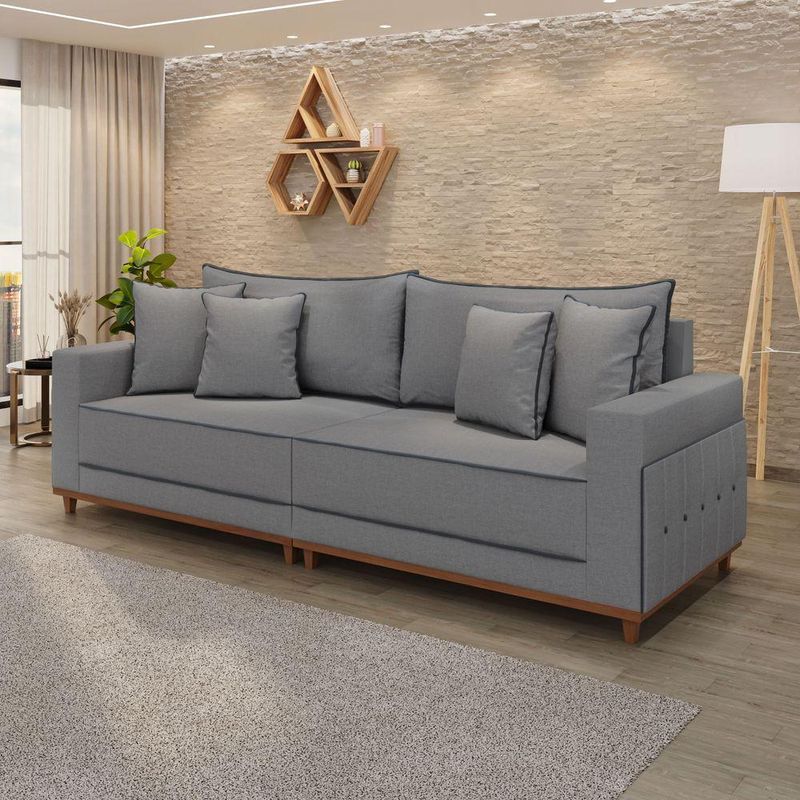Sofá Fixo 4 Lugares Verona 2,56m Linho Cinza