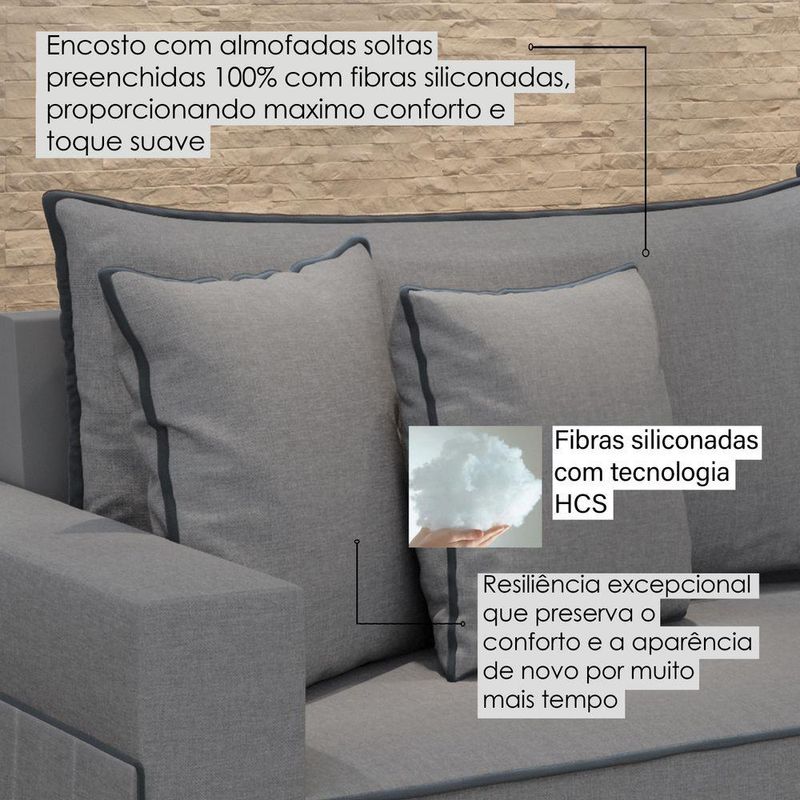 Sofá Fixo 4 Lugares Verona 2,56m Linho Cinza