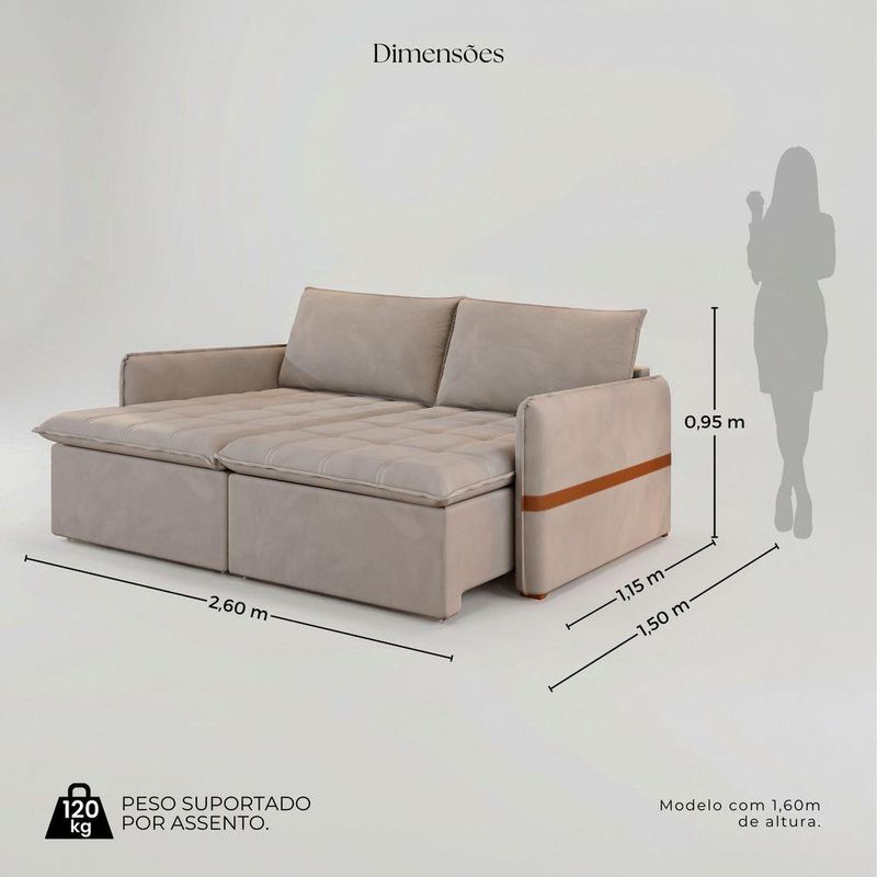 Sofá Cama Retrátil 4 Lugares Bárbara 2,60m Veludo Bege