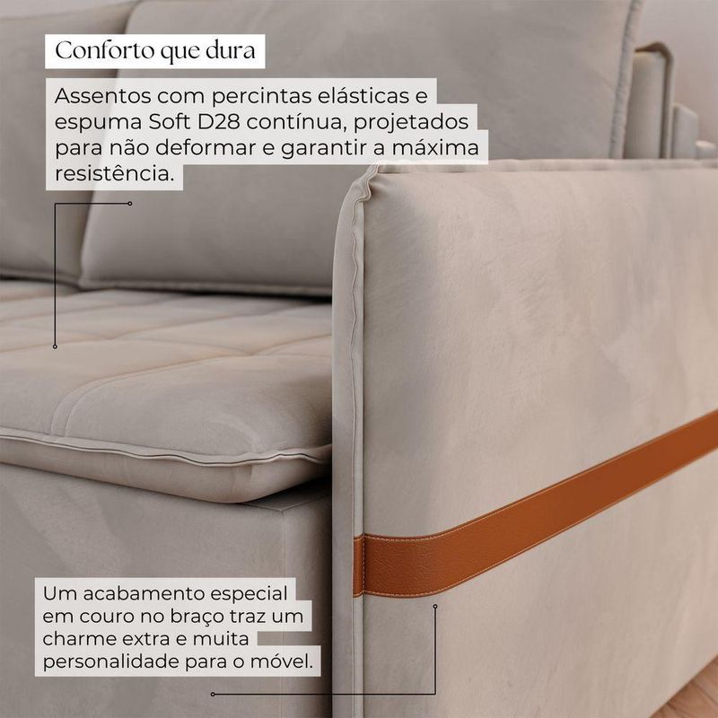 Sofá Cama Retrátil 4 Lugares Bárbara 2,60m Veludo Bege
