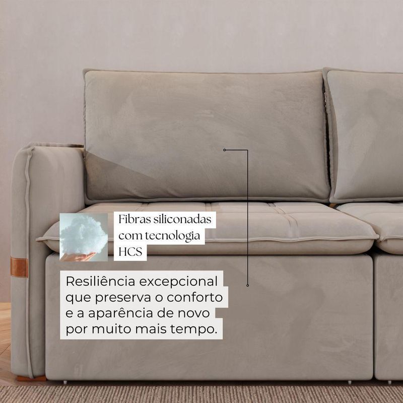 Sofá Cama Retrátil 4 Lugares Bárbara 2,60m Veludo Bege