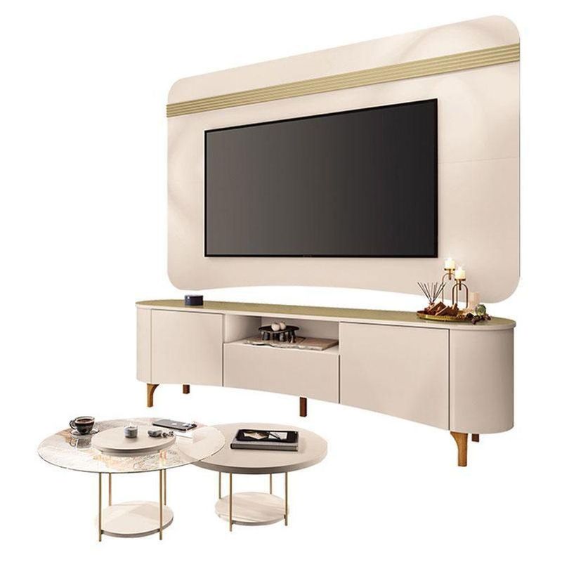 Rack Bancada Elara E Painel Armony Off White Champanhe Com Kit Mesa De Centro Sky Off White - Hb Móveis