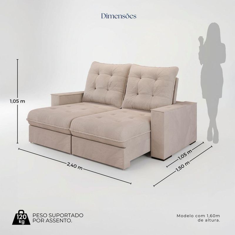 Sofá Retrátil Reclinável 3 Lugares Roma 2,40m Veludo Creme
