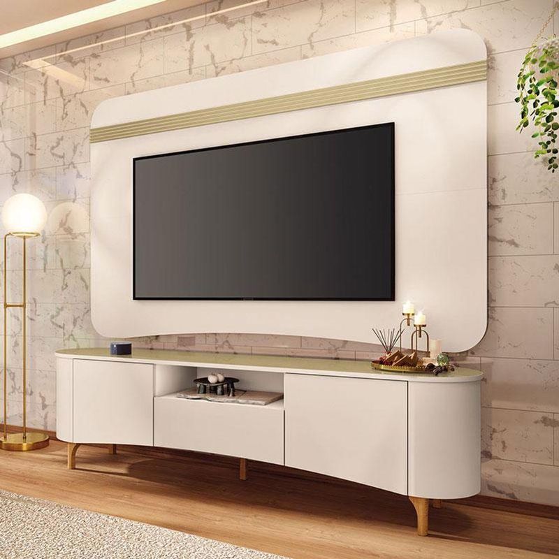 Rack Bancada Elara E Painel Armony Off White Champanhe Com Kit Mesa De Centro Sky Off White - Hb Móveis
