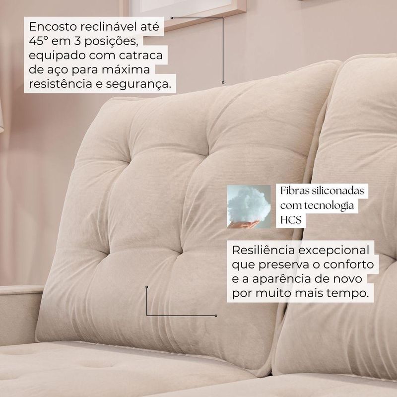 Sofá Retrátil Reclinável 3 Lugares Roma 2,40m Veludo Creme