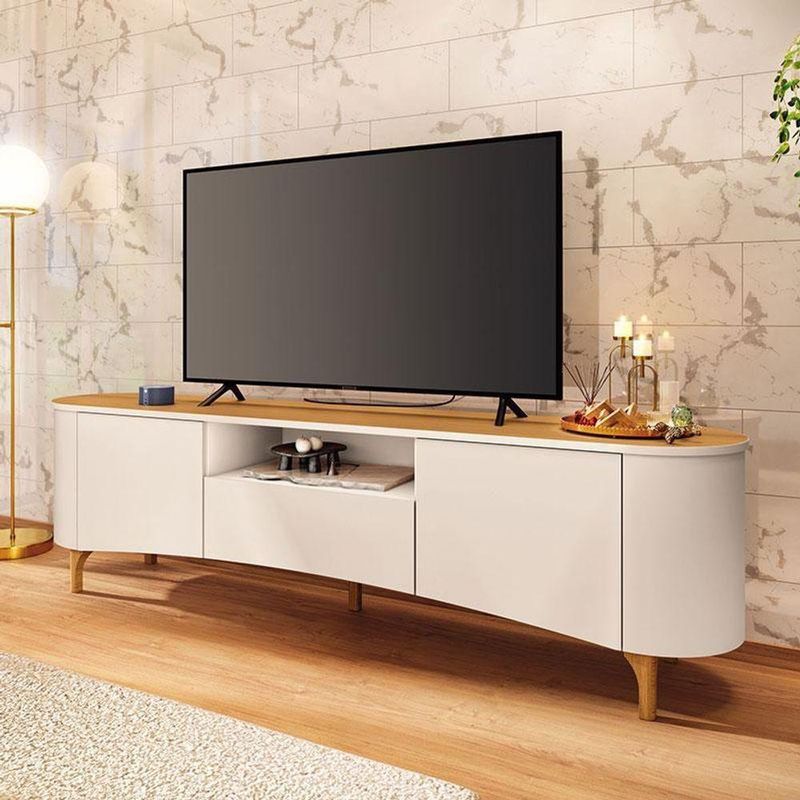 Rack Bancada Elara Off White Cinamomo Com Mesa De Centro Sky Com Tampo De Vidro Off White - Hb Móveis