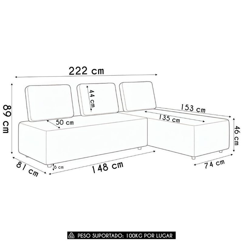 Sofá 3 Lugares Com Chaise 222cm Rovier Veludo Cinza Z32 - Mpozenato