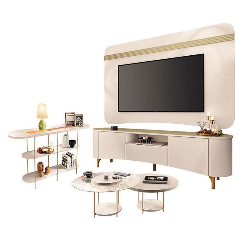 Rack Bancada Elara E Painel Armony Com Kit Mesa De Centro Sky E Aparador Infinity Off White Champanhe - Hb Móveis