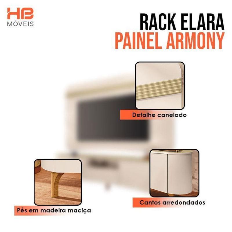 Rack Bancada Elara E Painel Armony Com Kit Mesa De Centro Sky E Aparador Infinity Off White Champanhe - Hb Móveis