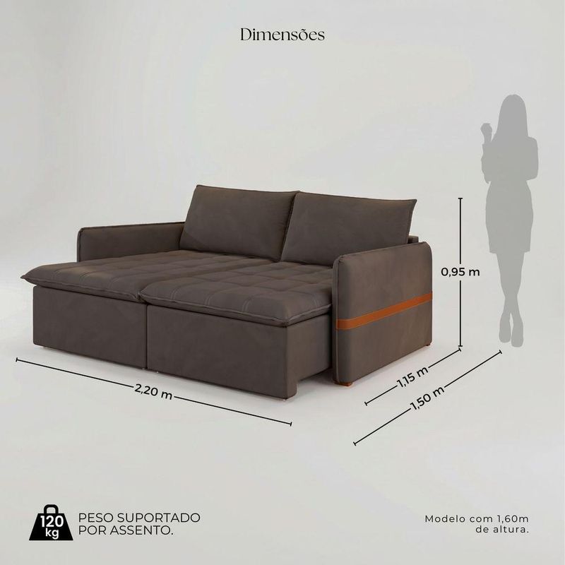 Sofá Cama Retrátil 4 Lugares Bárbara 2,20m Veludo Marrom