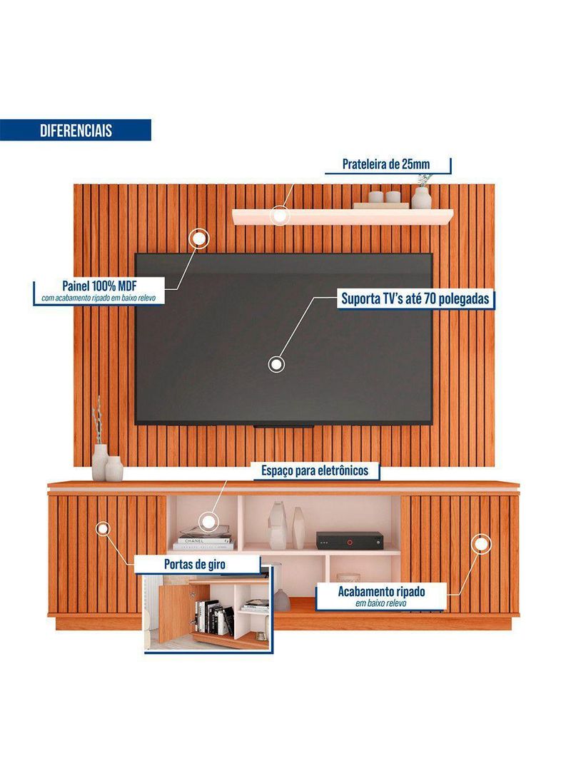 Rack Com Painel Falcon Tv Até 70 Polegadas Caemmun Marrom