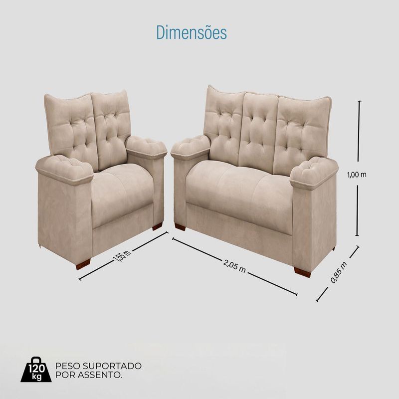 Conjunto Sofá 3 E 2 Lugares Irlanda Veludo Creme