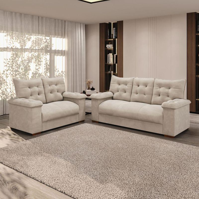 Conjunto Sofá 3 E 2 Lugares Irlanda Veludo Creme