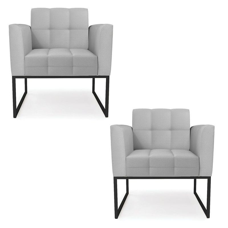 Kit 2 Poltronas Sala Elisa Decorativa Base Industrial Couro Sintético Cinza D'Rossi